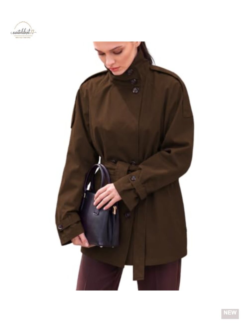 Double Breasted Windbreaker Button Down Jacket with Belt, Pockets, High Neck